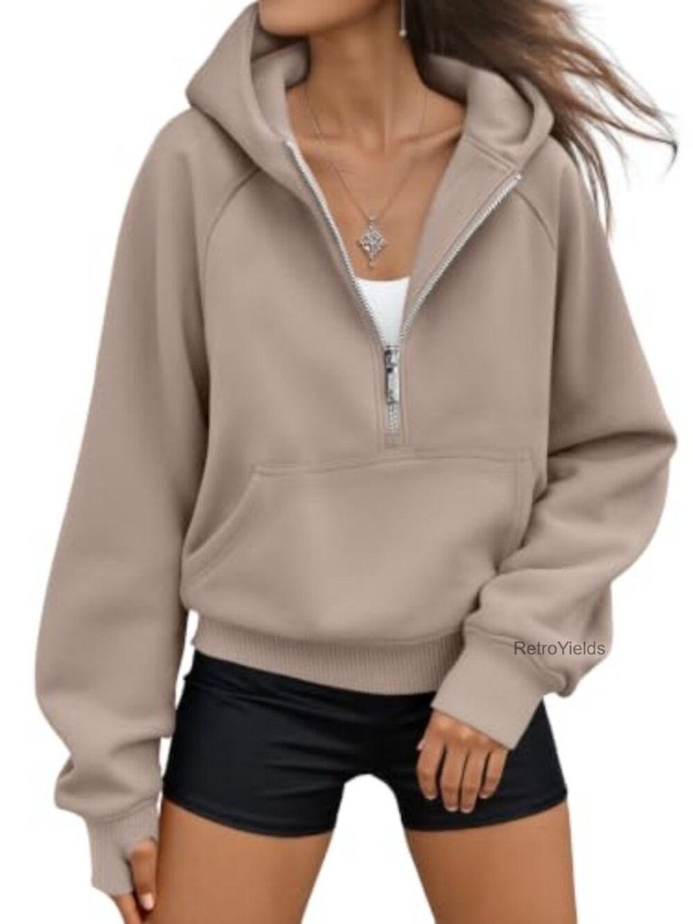 Half Zip Crop Hoodie Women Fleece Lined Pullover Sweatshirt Athletic Workout